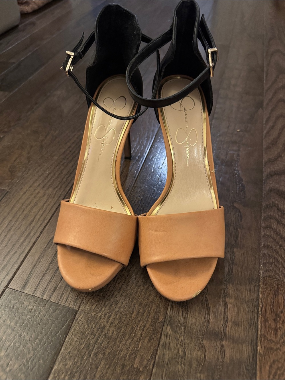 Jessica Simpson Two-Tone Open-Toe Ankle Strap Heels in Tan and Black